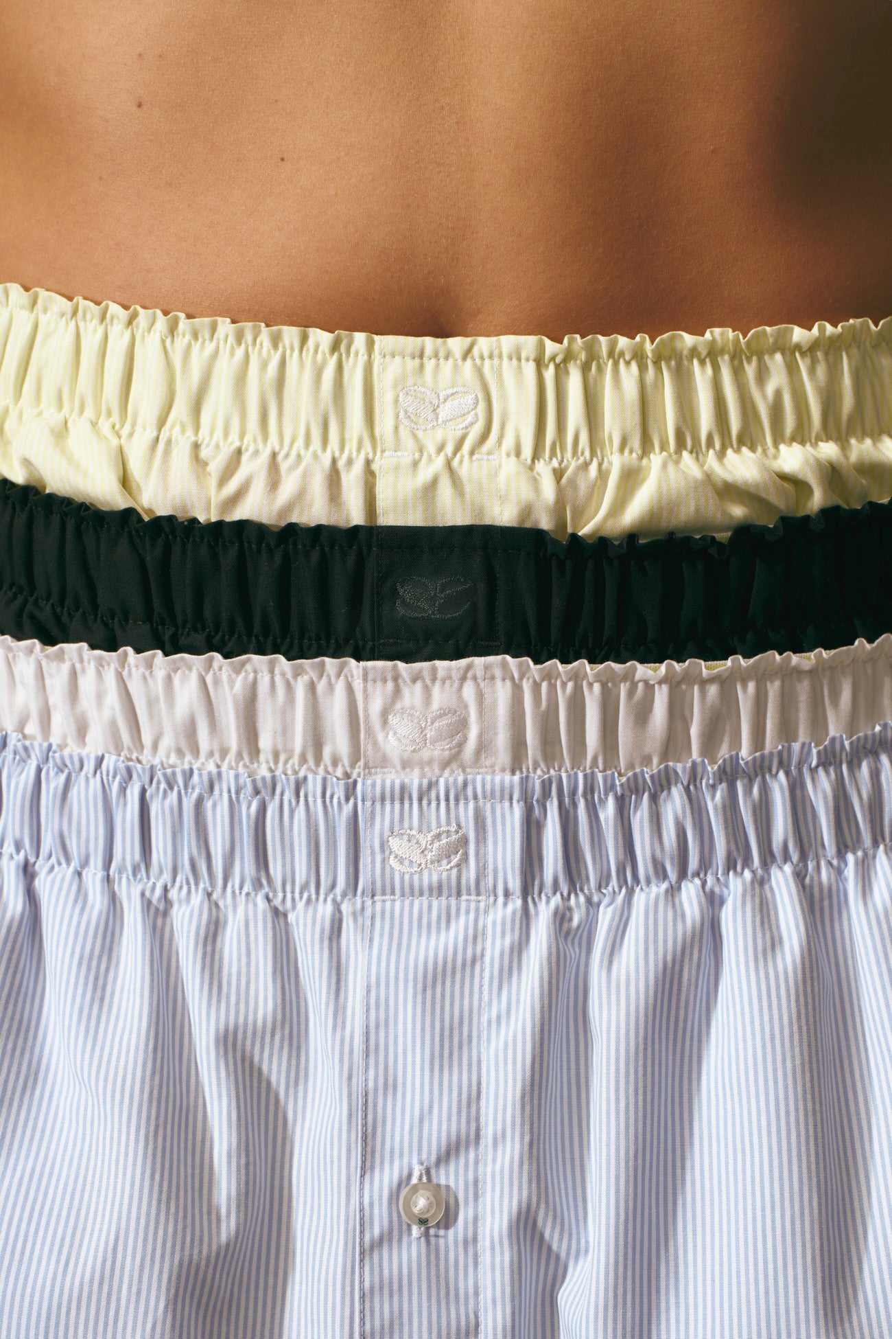 4 pairs of SYRN boxers worn on top of one another, top is yellow stripe, then black, then white stripe, then blue stripe